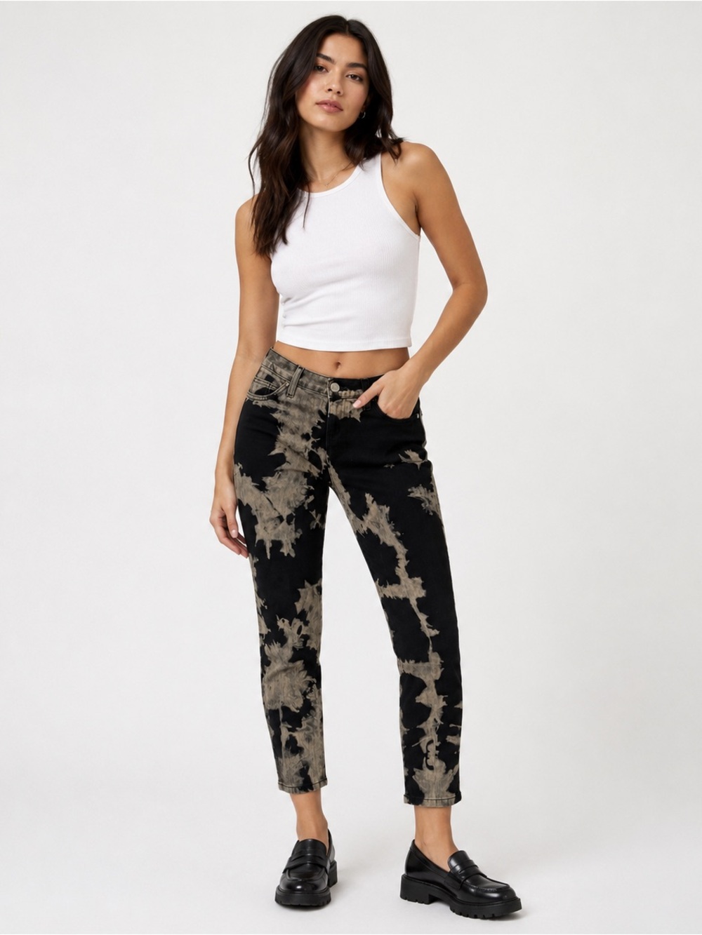 Current/Elliott Black and Cream Tie-Dye The Crop Skinny Jeans
